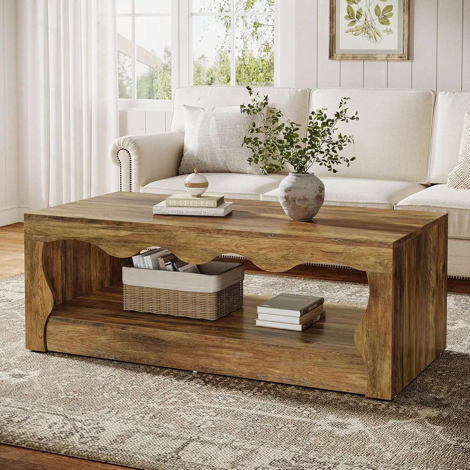 Rectangle Coffee Table, 47-Inch Farmhouse Coffee Tables for Living Room, 2-Tier Wooden Rectangular Accent Center Low Cocktail