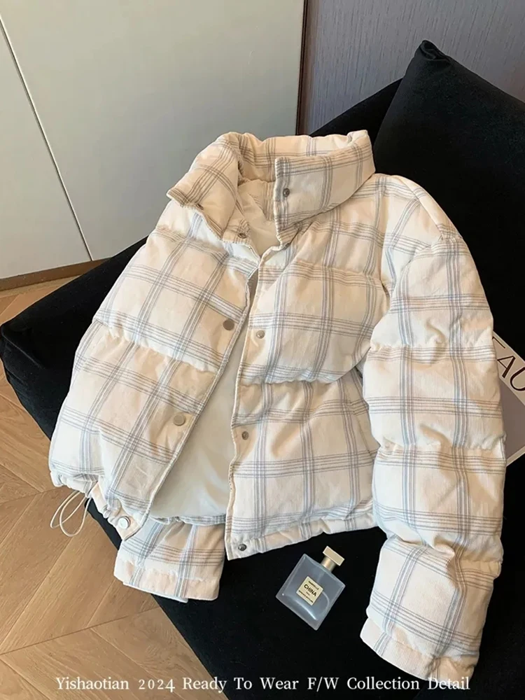 

Winter Stand Collar Korean Jacket Retro Corduroy Plaid Parkas Women Loose Sweet Long Sleeve Vintage Puffy Coat