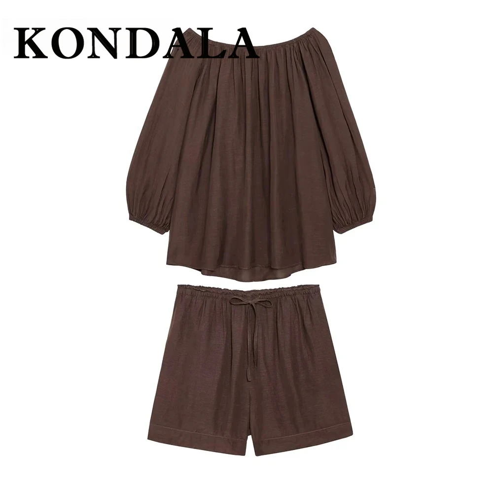 KONDALA Vintage Chic Setelan Wanita Cokelat Bergaya Lipit Longgar Atasan Seksi Tanpa Lengan + Celana Pendek Mini Berikat Tali Fashion 2025 Kasual Setelan Wanita