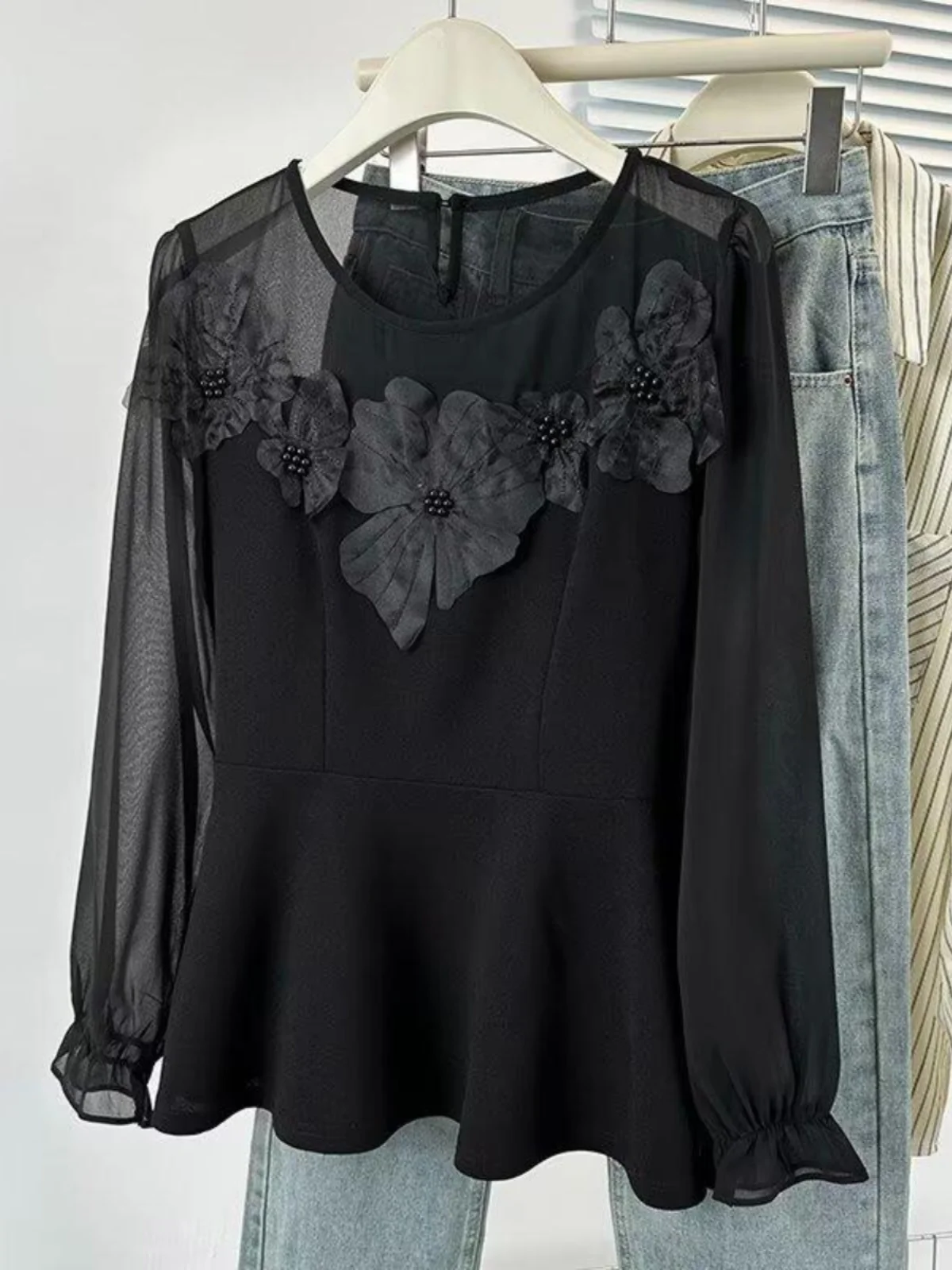 plus Size Women's Spring 2025 Korean Style Loose Fit Long Sleeve Chiffon Lace Shirt Stand Collar Slimming Effect Floral Print