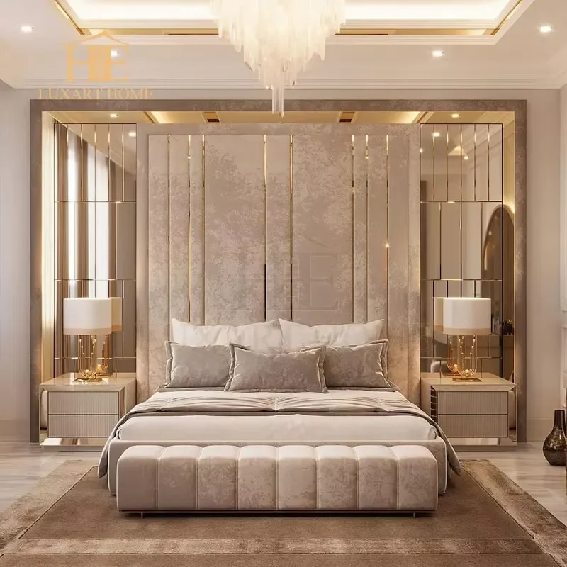 Upholstered Bed High Headboard Soft Fabric Bedroom Furniture Custom Interior Design Luxury Bed Frame Set for Home Decor