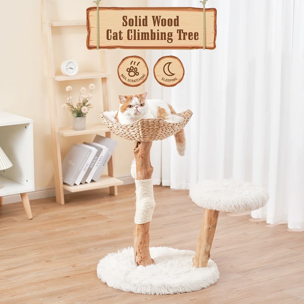 Suppliers Custom Log Color Luxury Natural Solid Real Wood Climbing Woven Nest Cat House Cat Tree With 100% Natural Sisal