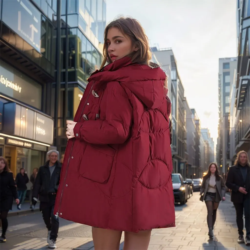 

Women's Winter down Cotton-Padded Jacket Mid-Length Loose Hooded Coat with Thickened Horn Buckle