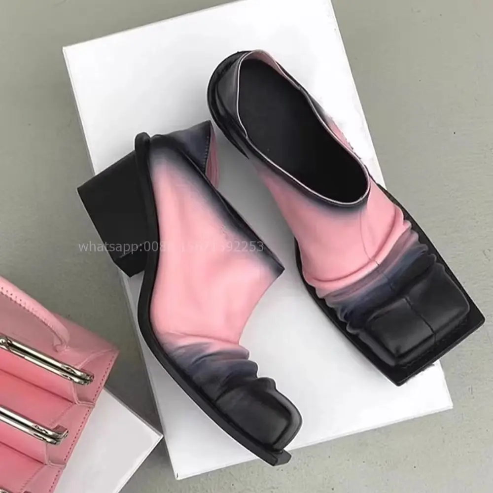 

Pleated Gradient Square Toe Pumps Square Heel Splicing Mixed Colors Slip On Women Shoes Shallow Sweet Newest Shoes Spring Casual