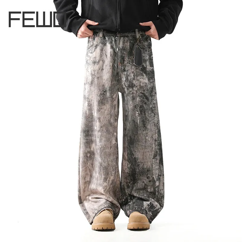 FEWQ Men's Vintage Graffiti Casual Jeans 2024 Contrast Color Korea Fashion Wide Leg Male Trousers Loose Streetwear 24E5587