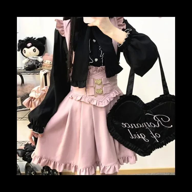 

Harajuku Sweet Heart Button Skirt for Women Y2k E-Girl High Waist Cross Strap Skirts 2025 Autumn New Fungus A-line Faldas Mujer