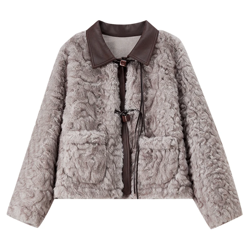 SENTUBILA 여성용 인조 모피 코트 2025 스플라이싱 대조 가죽 넥 플러시 숏 코트 패션 여성 겨울 자켓 W54PD4680