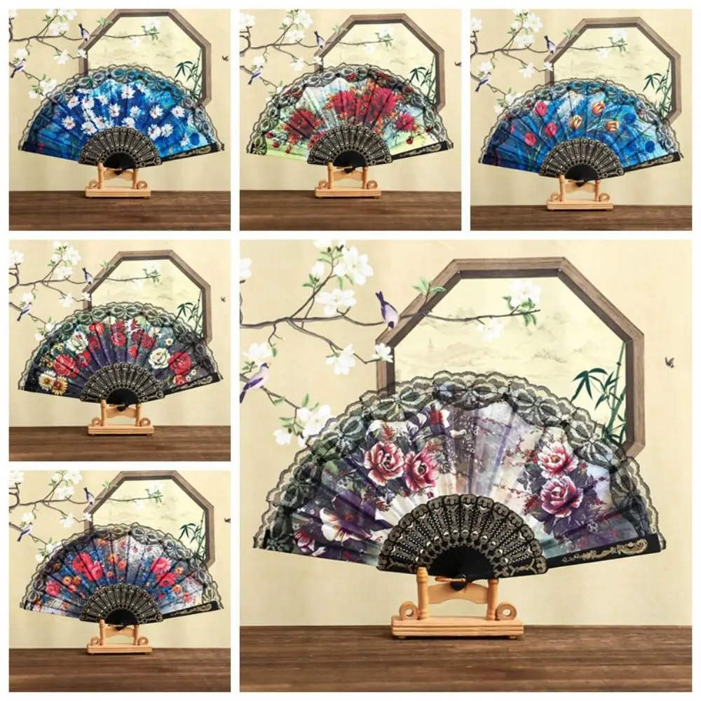 Elegant Plastic Ribs Spanish Folding Fan Lace Trim Edge Black Dance Prop Fan Floral Printed Cloth Handheld Fan Women