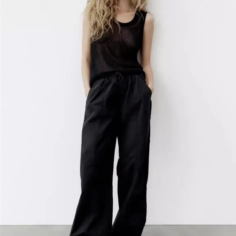 ลำลองหลวมบลา ร่มกางเกงขาตรงชุดทำงานกางเกงใหม่มาถึงผู้หญิงแฟชั่นฤดูร้อนผ้าฝ้ายเอว L