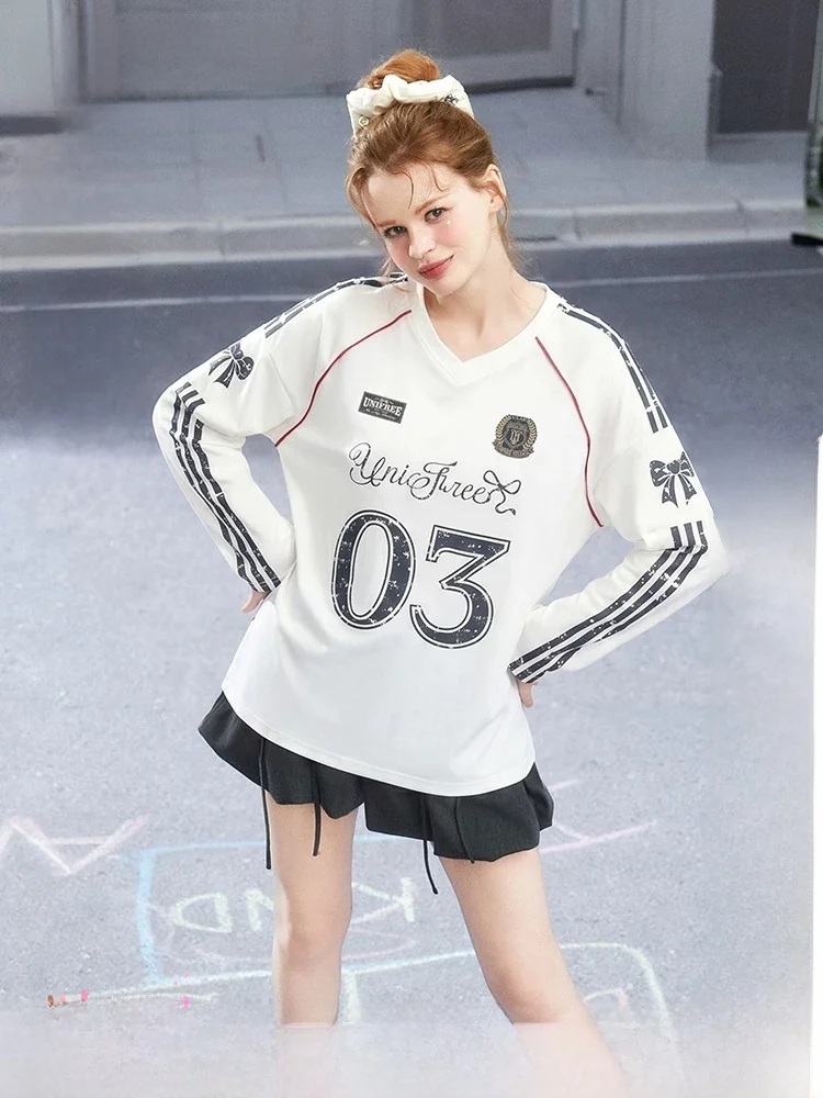 

Unfree American Retro Long Sleeve T-Shirt Sporty Loose Lightweight V-Neck Casual Loose Fit Baseball Jersey Top for Women