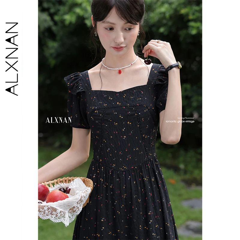 ALXNAN Women's Black Floral Dress Elegant Long Square Neck Puff Sleeve Dresses 2025 Summer Casual Party Female Clothing L56011