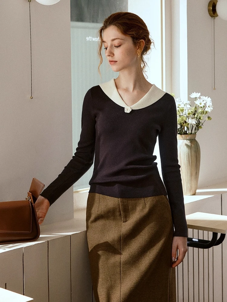 

OLrain Women's V-Neck Color Block Knitted Pullover Autumn 2025 Elegant Soft Comfortable Slim Fit Long Sleeve Top O57QZ000582