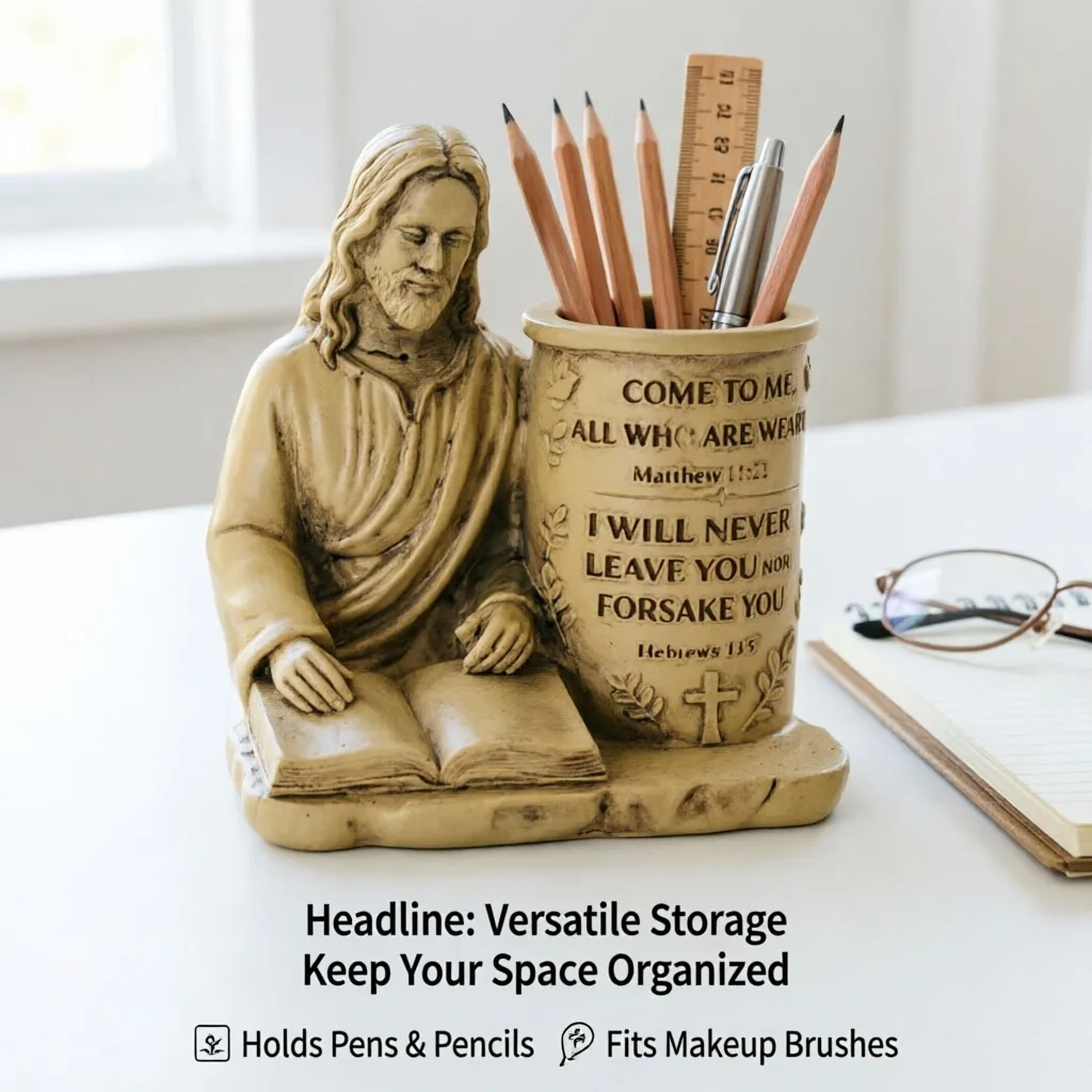 Easter Pen Holder Jesus Statue, Reading Figurine Desktop Organizer Resin, Pencil Cup Home Office Table, Decor Religious Gift