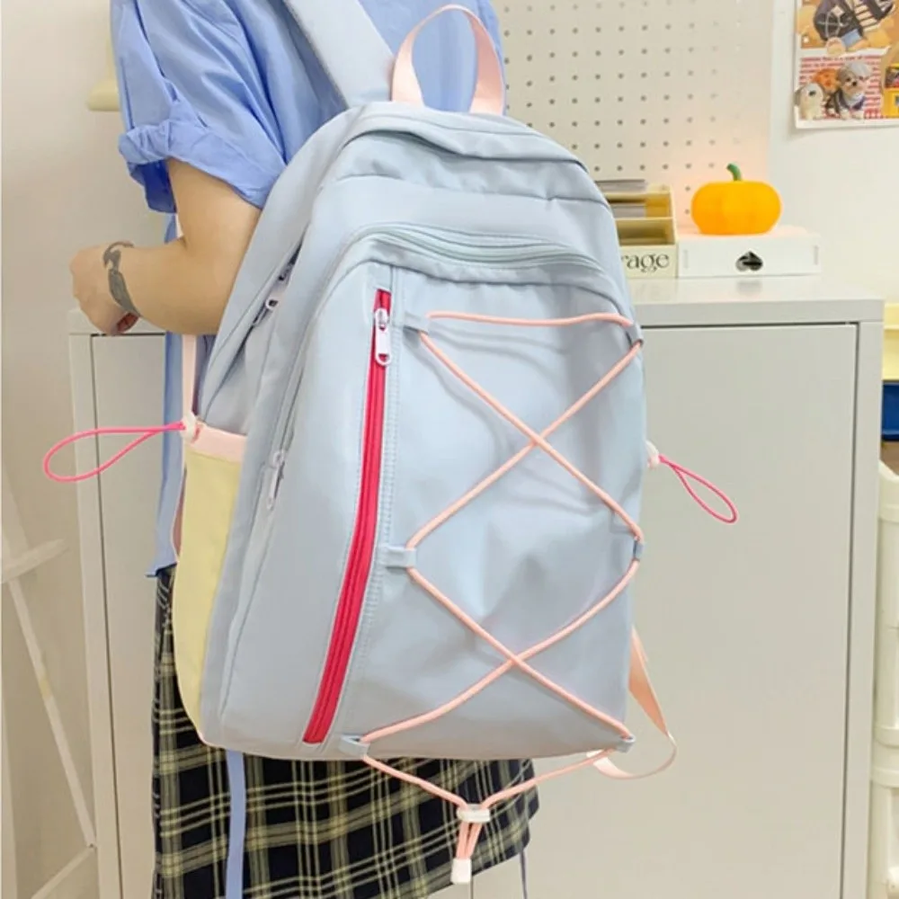 

Cute Multi-pockets Drawstring Backpack Solid Color Large Capacity Student School Bag Cloth Durable Travel Rucksack Students