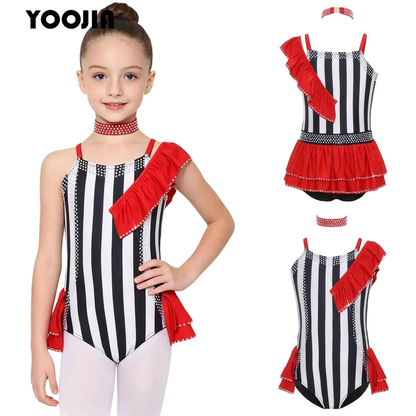 Children Circus Ringmaster Costume Girls Ballet Jersey Leotard Rhinestones Striped Jumpsuit Bodysuit with Choker Halloween Party