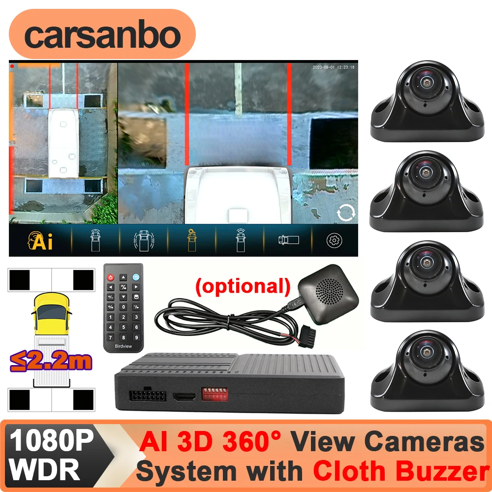 Carsanbo AI 3D Bird View Car 1080P AHD 360 Degree WDR Camera Panoramic Surround View System 4CH Video Recording for RV Bus Truck