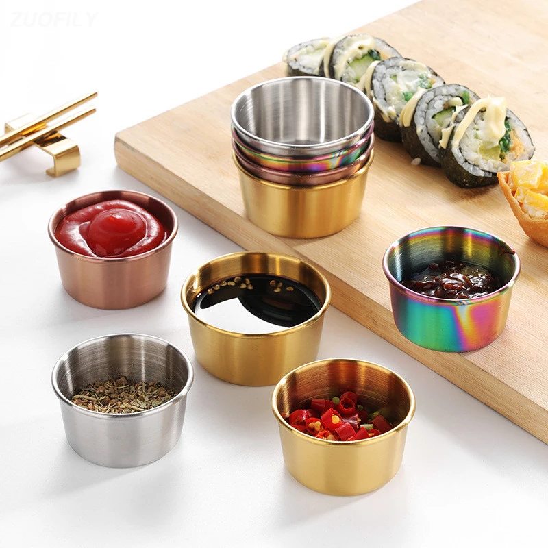 Round Stainless Steel Seasoning Dish Hot Pot Dipping Bowl Small Food Sauce Cup Sushi Vinegar Soy Saucer Container Appetizer Tray