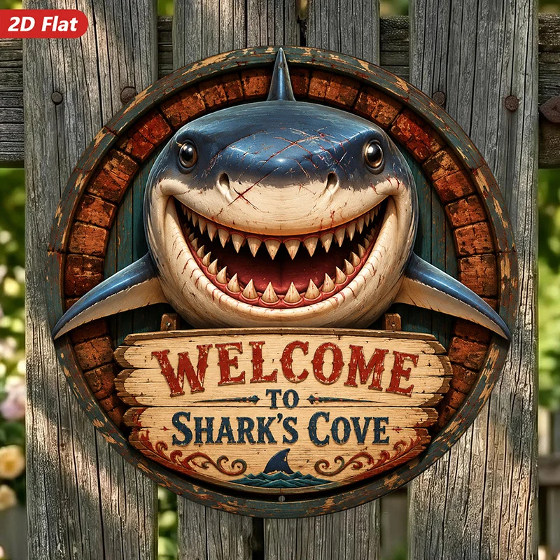 2D Flat, 1pc Shark Cove Sign Round Metal Sign Wall Art, Grinning Shark Face, WELCOME to SHARK's COVE Text, Rustic Wooden Plaque