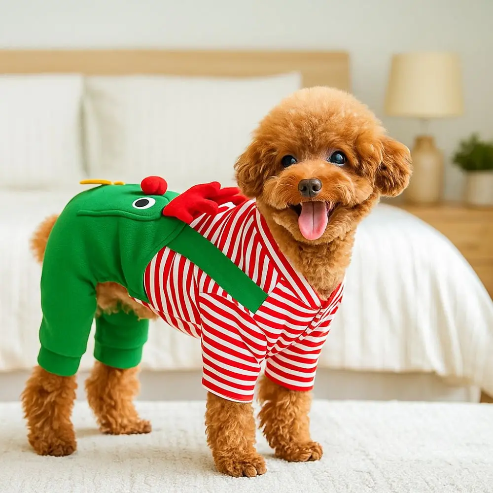 

Striped Dog Christmas Clothing Warm Comfortable Dog Four Legged Clothes Breathable Elk Pocket Pet Dress Up Costume