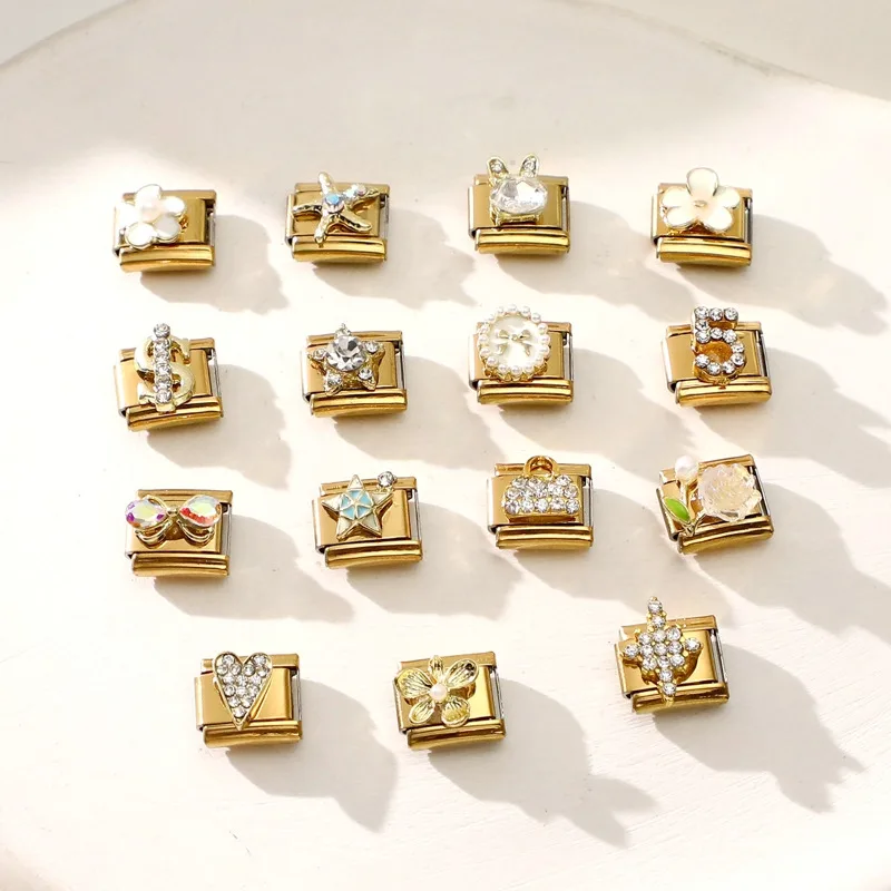 Shiny Zircon Rose Starfish Bag Bow Heart Cherry Star Gold Color Italian Charm Links Fit 9MM Stainless Steel Bracelet DIY Making