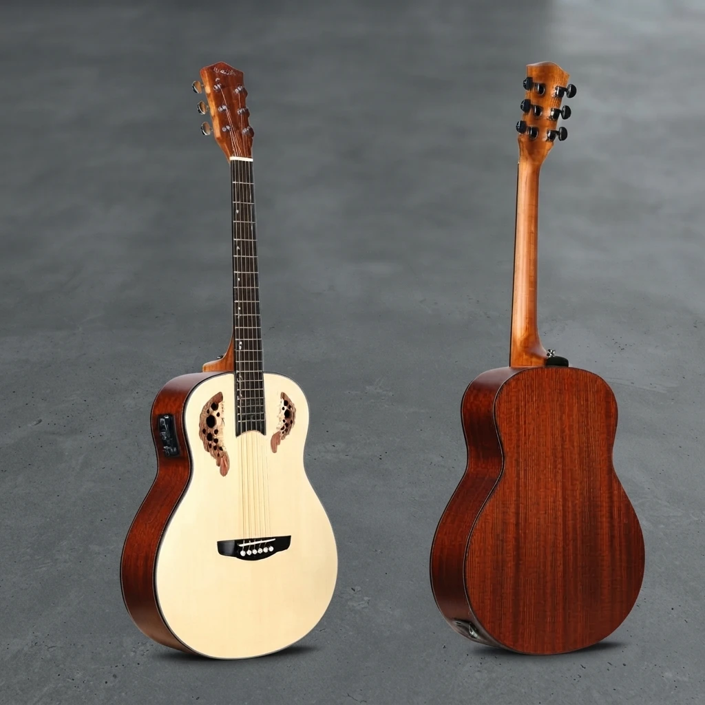 Multiple Leaf Soundholes Guitar, 6 String Acoustic Electric, Cutaway, Built-in Pickup, Chrome Tuners, White Binding for Stage