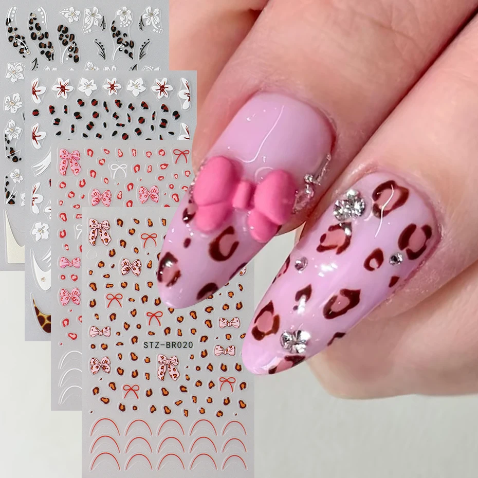 Schwarzbraune Nagelaufkleber mit Leopardenmuster, Schleife, französische Wellenlinie, selbstklebende Schieber für Nägel, Kawaii-Cartoon-Nageldesign-Deko