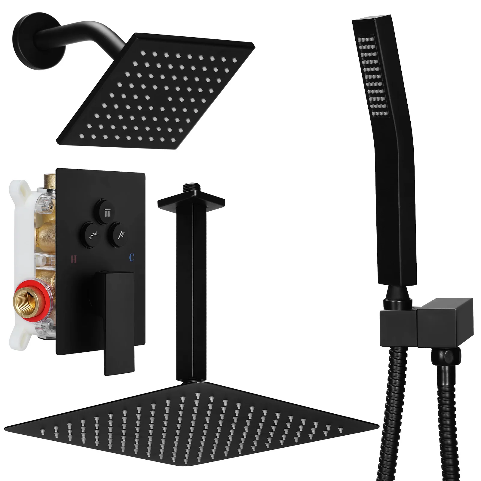 Shower Faucet Set W/ 12in Ceiling Mount 6in Wall Mount Showers Head Push Button Diverter with 2 in 1 Handheld for Bathroom