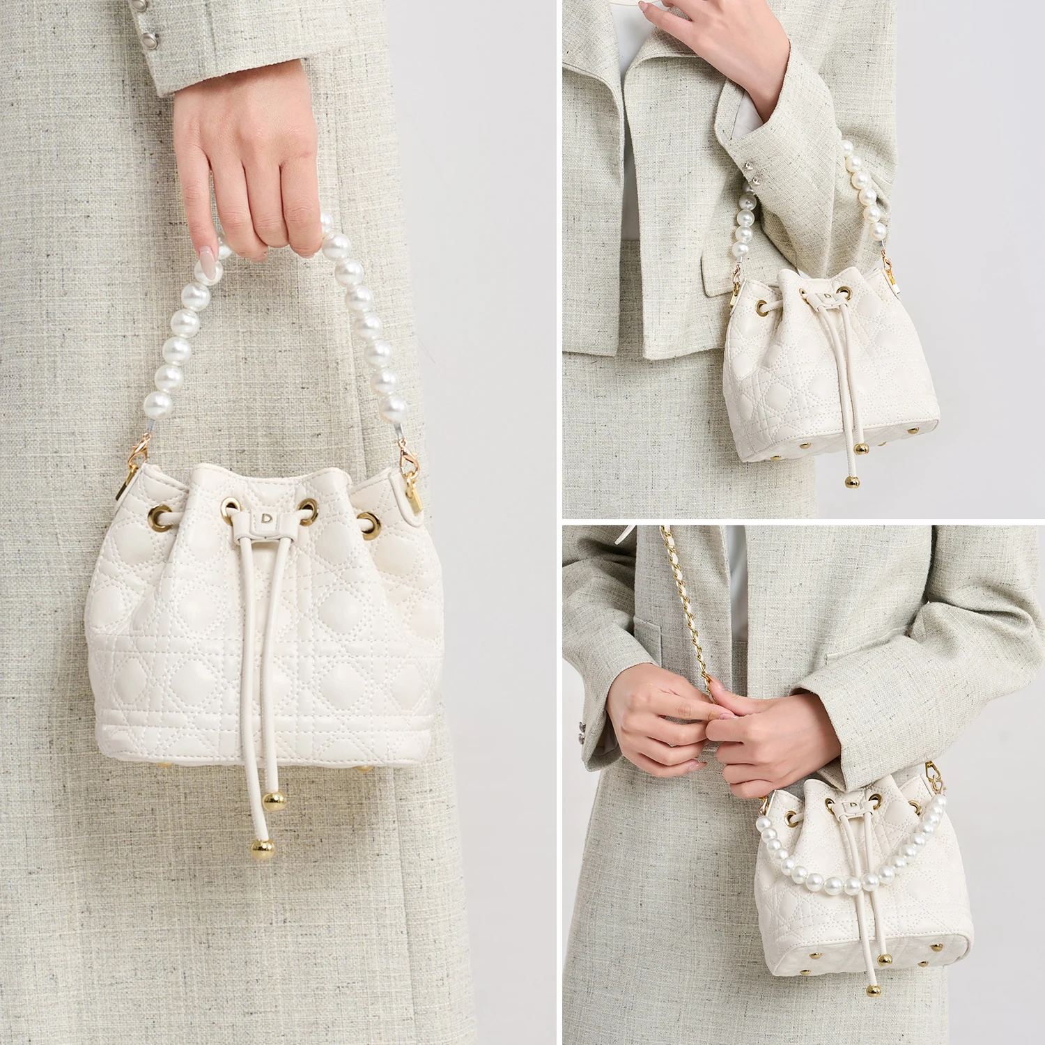 

Новая сумка через плечо с жемчужной цепочкой, стеганая сумка-ведро на шнурке, стильная вместительная женская сумка из искусственной кожи, сумка-кроссбоди, кошелек.