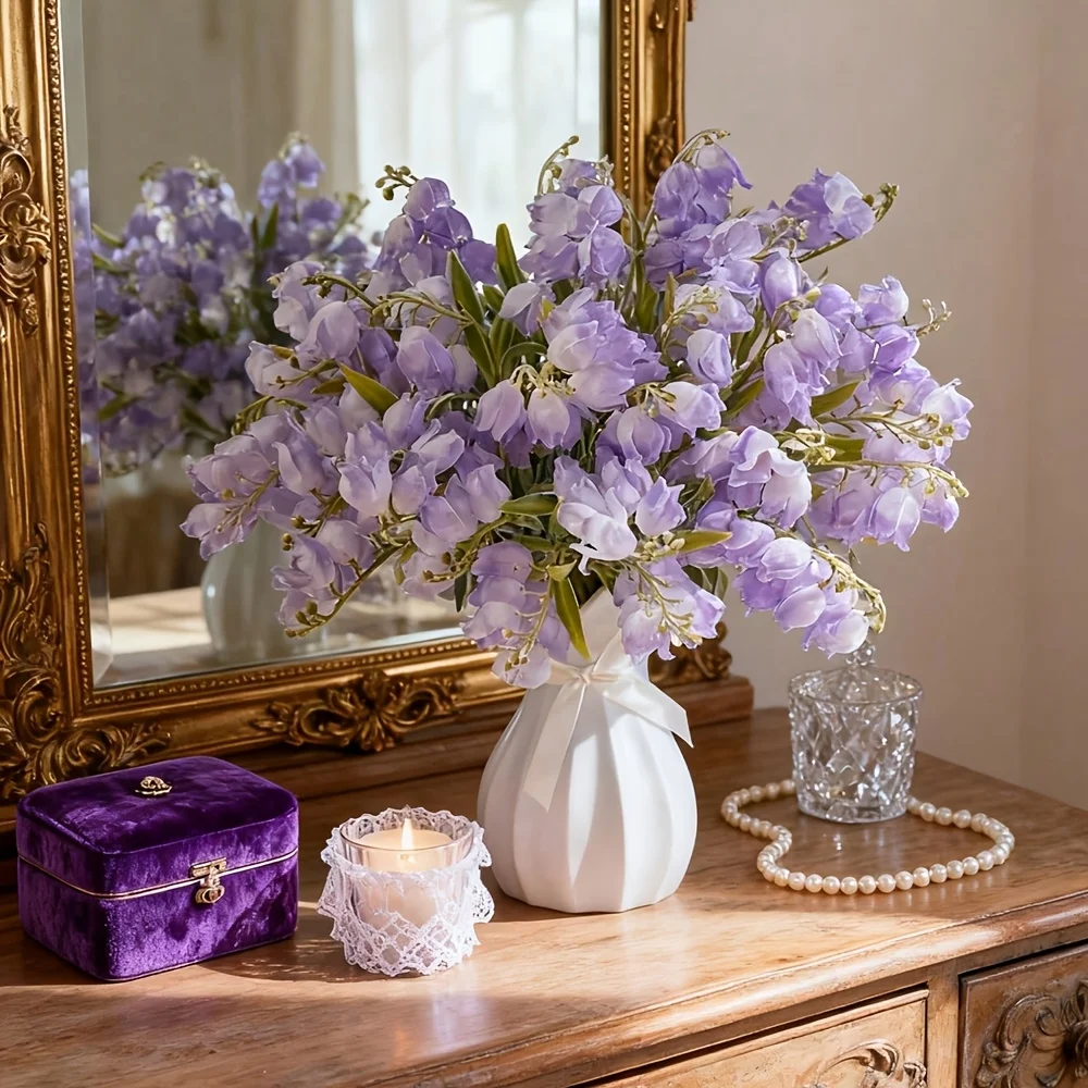 3/6 tallos, 1 tallo = 6 flores, lirios del valle artificiales, flores de campana falsas, lirios de campana, orquídeas, ramos de boda, plantas en maceta de lirios del valle, flores de mayo, adecuadas para decoración del