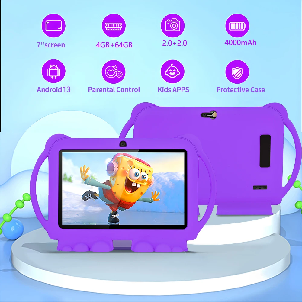 تابلت جديد لتعليم الأطفال 7.0، ذاكرة وصول عشوائي 4 جيجابايت، ذاكرة قراءة فقط 64 جيجابايت، توسيع 5 جيجا واي فاي 1 تيرابايت، بطارية 4000 مللي أمبير في الساعة، كاميرات مزدوجة، هدية للأطفال