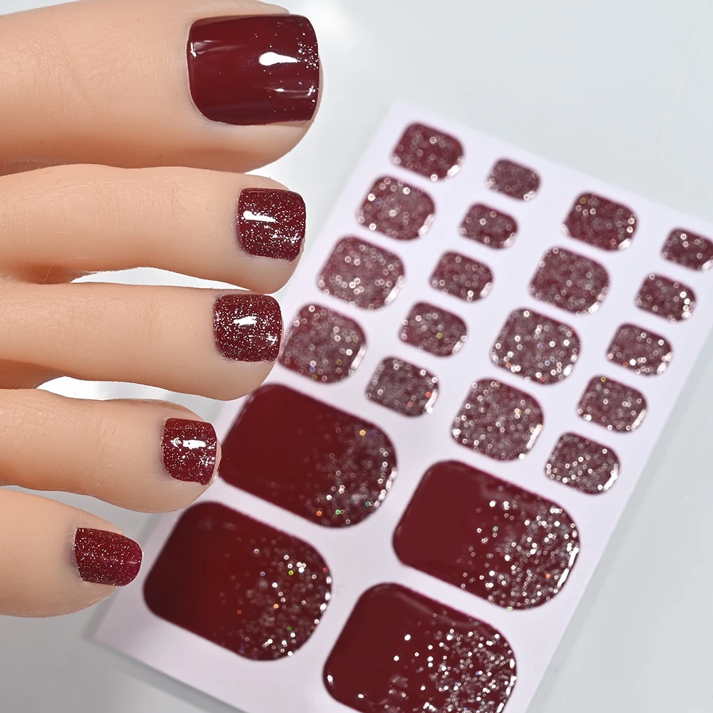 22tips Glitter Toe Nail Sticker Wraps Adhesive Decals Toenail Polish Strips Patch Women Solid Color Full Cover DIY Foot Sliders