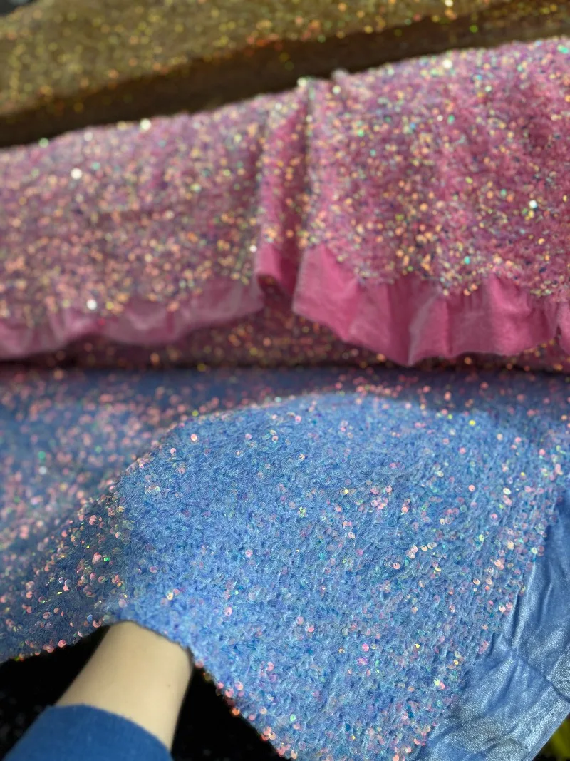 Autumn Winter Velvet Iridescent Pink Thick Sequin Fabric Sewing Material for Fashion Dresses DIY Shoes Bags Clothing Accessories