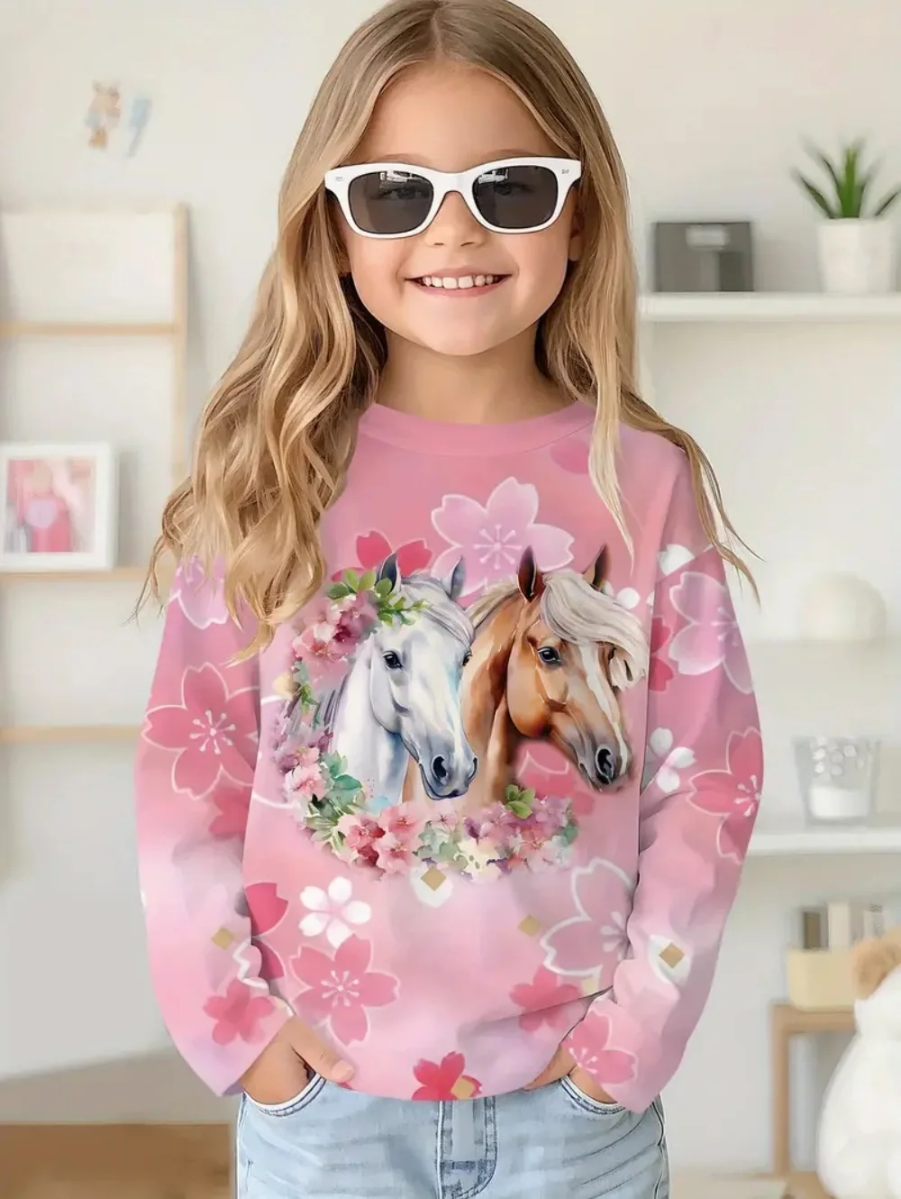 Girl Clothes Fashion Horse 3D Print Kids Long Sleeves T-Shirt Loose Casual Autumn Tops Outdoor Comfortable Children's Clothing