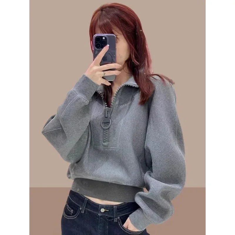 Grey Sweatshirt Women's Spring Autumn Style 2024 Loose Fit Niche Cropped Half Zipper Top Stylish Age-Reducing Jacket