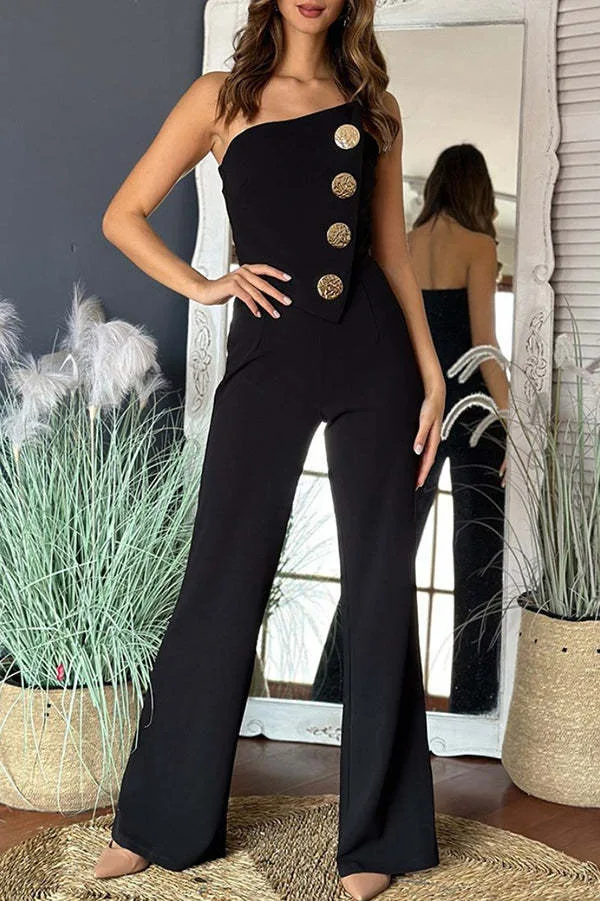 Piglet Breast Jumpsuits For Woman Jumpsuit Solid Color Irregular Button Slim Simple Style All-match Fashion Off Shoulder Elegant