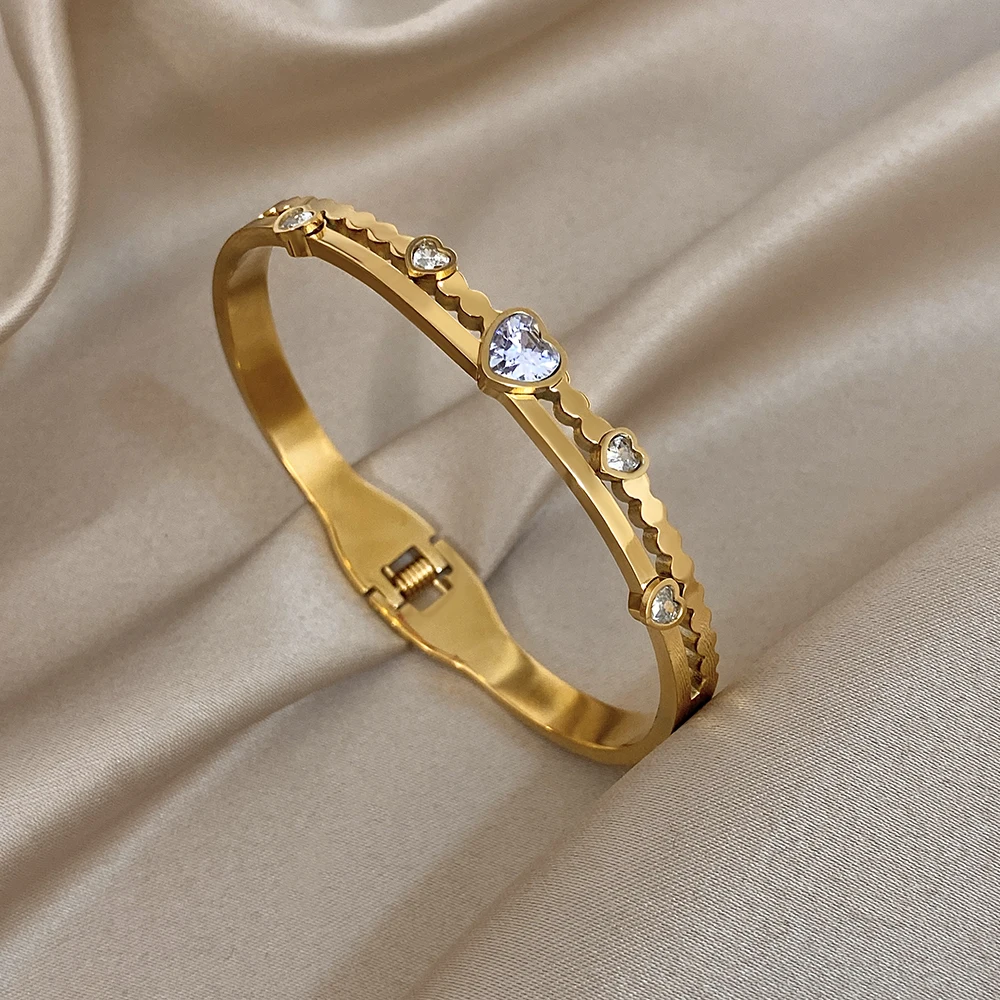 

Trendy Heart Rhinestone Stainless Steel Bangle Bracelet Women Simple Geometry Gold Color Cuff Wide Bangle Hand Jewelry Gift