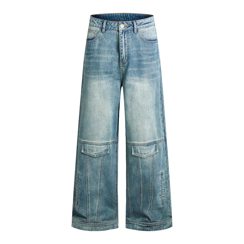 

American Style Washed Vintage Men's Jeans Distressed Trendy Casual New Design Spliced Fake Pockets Straight Pants