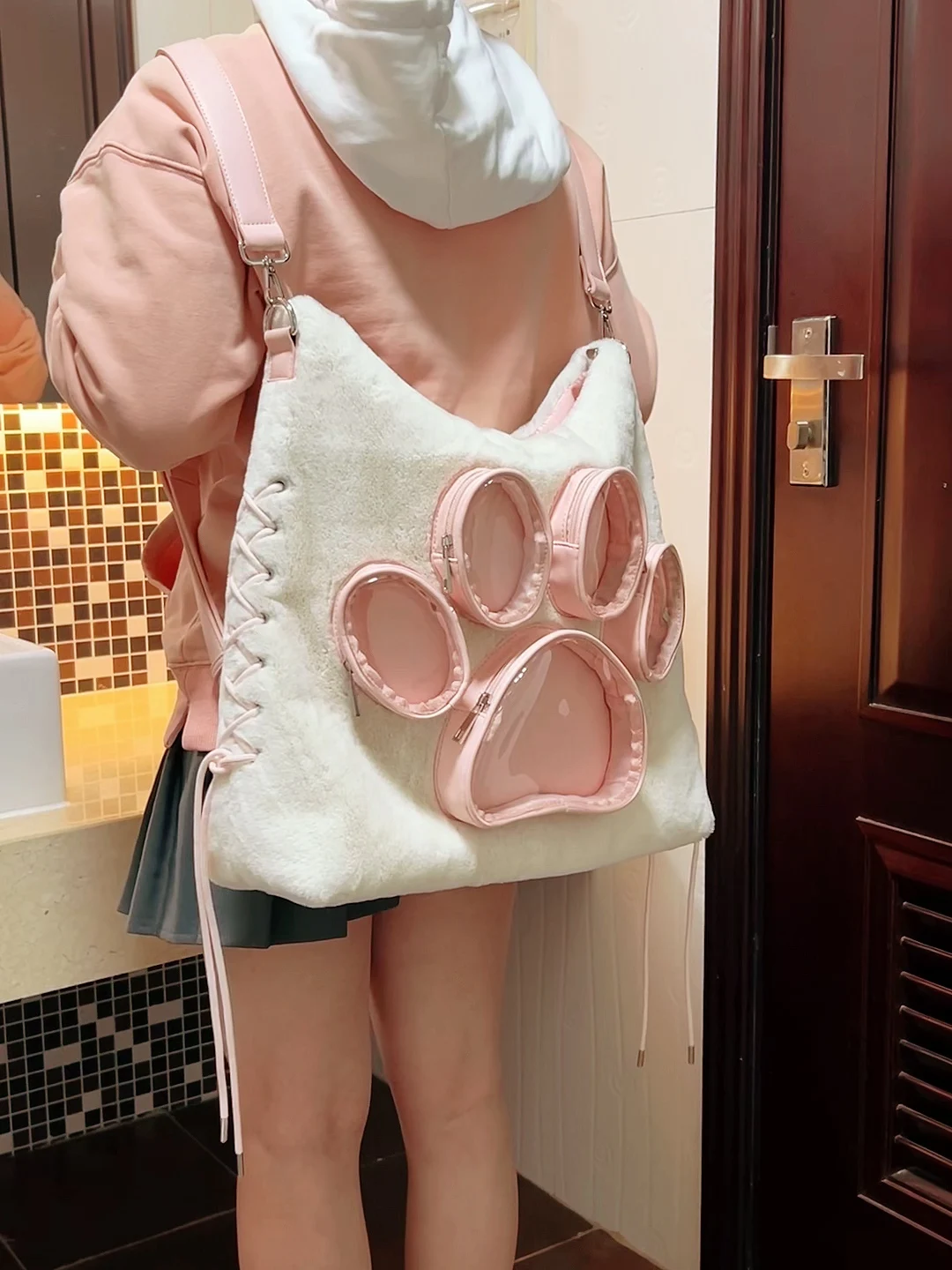 

Pre sale styles Original Paw Plush Shoulder Crossbody Pain Bag Large Capacity Plaid Backpack Cute Dog/Cat Paw Bag