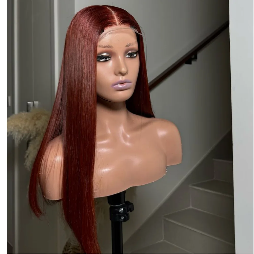 Wine Red 99j Long 26 Inch Straight Lace Front Wig 180Density Glueless Synthetic PrePlucked Daily Use