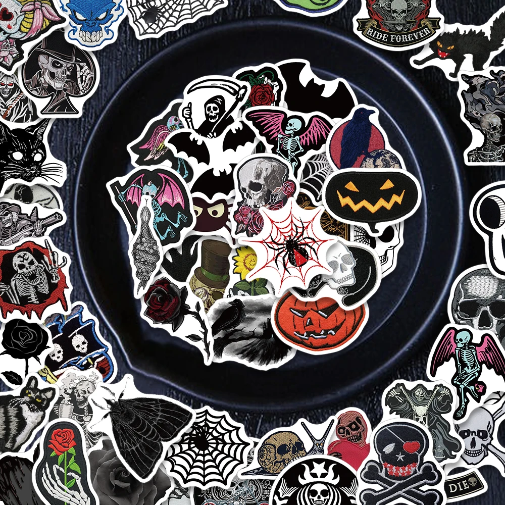 60 SZTUK Naklejek Halloween w Stylu Horror, Ciemne Motywy: Szkielety, Pajęcze Sieci, Nietoperze, Czarny Kot, Personalizowane Dekoracje Artystyczne na Festiwal, Prezent