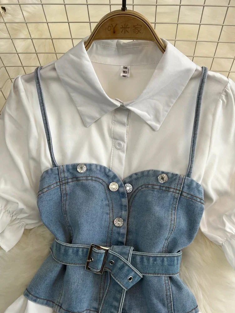 Spring Summer Women\'s Dress Contrasting Denim Vest and Two-piece Long Sleeved Lapel Single Breasted A-line White Shirt Dress A16