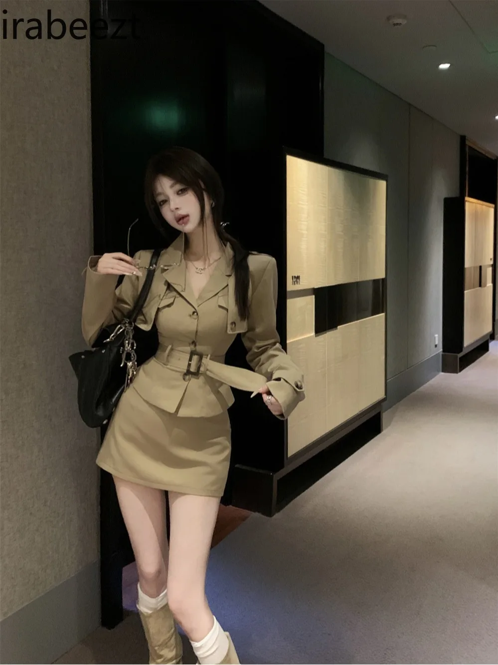 Khaki Waist Long-sleeved Coat Top Vest Fashion Suit Women\'s Autumn Hip-covering Skirt Three-piece Set Ensembles De Jupes