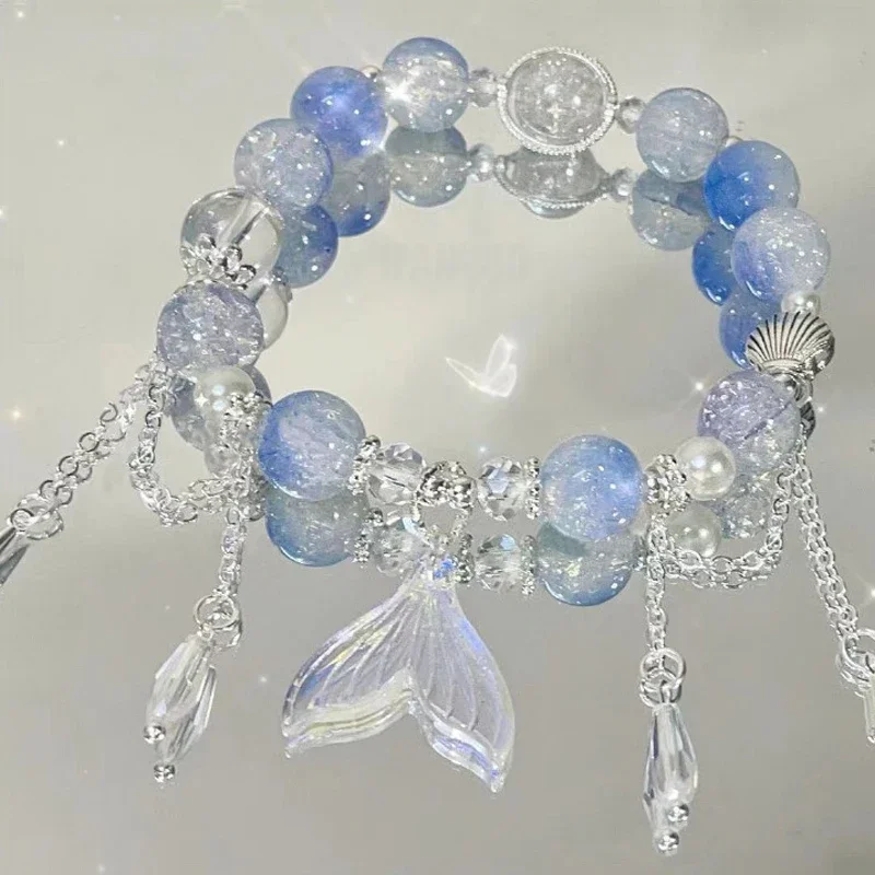 Light Luxury Blue Glass Crystal Beaded Bracelet, Chic Gift