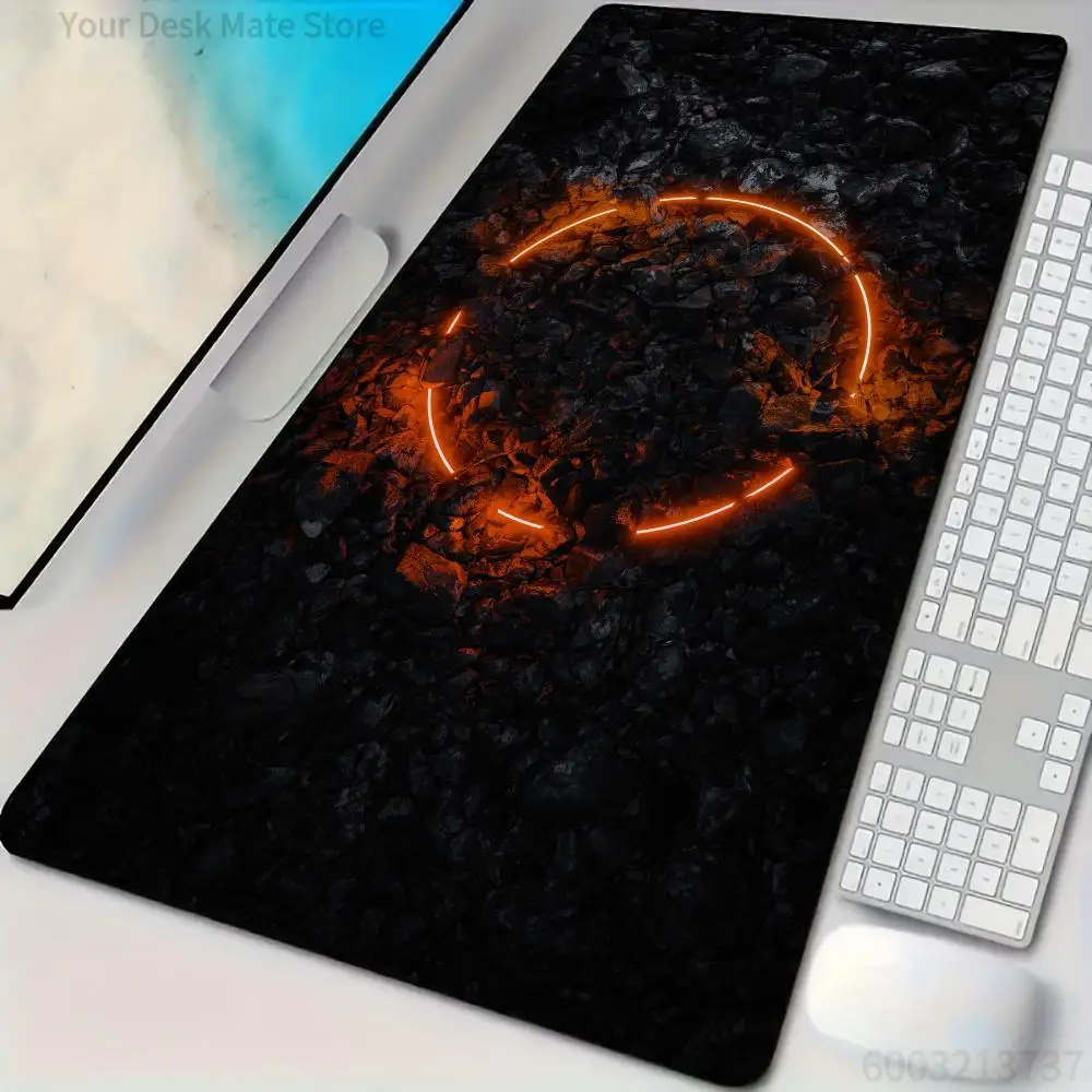 1PC Black Rock Orange Neon Print Large Lock Edge Non-Slip Rubber Desk Mat for Gaming Office