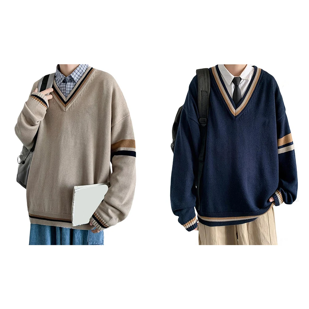 Maglione lavorato a maglia con scollo a V da uomo, stile college coreano, top ampio a maniche lunghe
