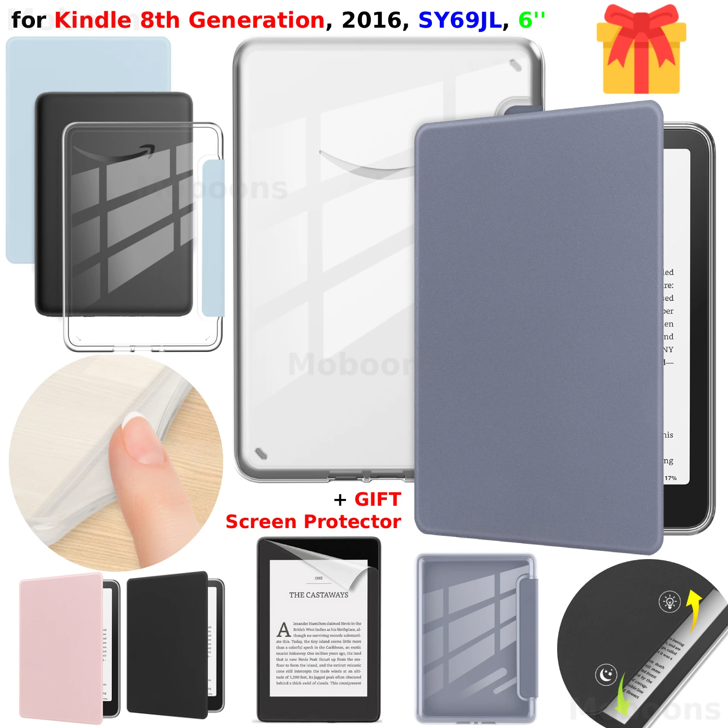 

For Kindle 8th Gen Case 6" + Screen Protector SY69JL 2016 Clear Acrylic PU Leather Cover Sleep/Wake for Kindle Accessories Funda