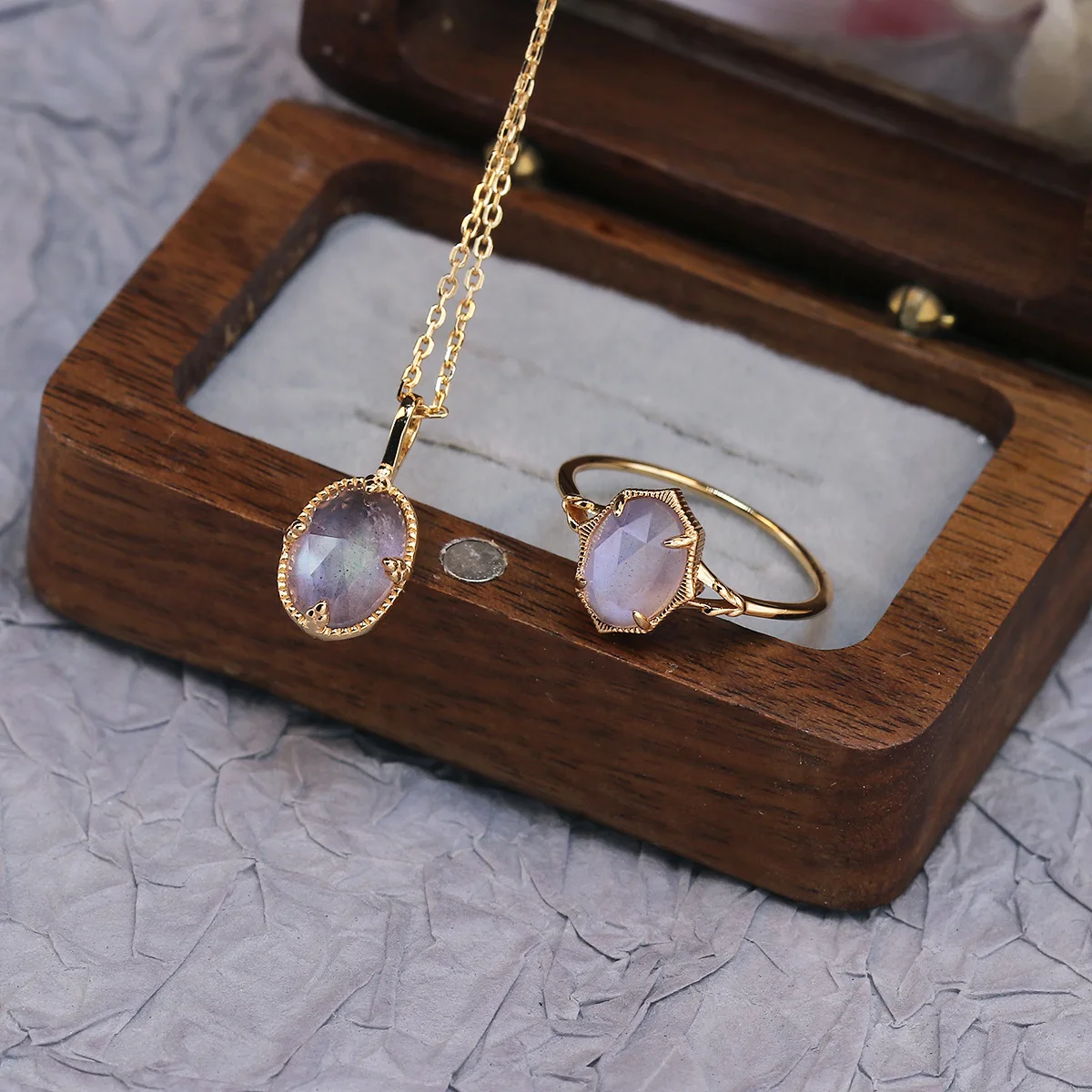 

Christmas Gift Natural Gemstone Labradorite Double-Sided Amethyst Necklace for Women Japanese Retro 925 Sterling Silver Necklace