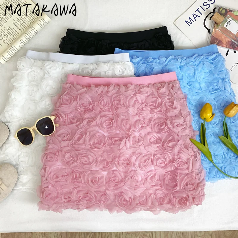 

Matakawa 3D Flowers Mini Skirt Spring Summer Solid A-line Elegant Women Skirts Korean Fashion Vintage Sweet Slim Faldas Mujer