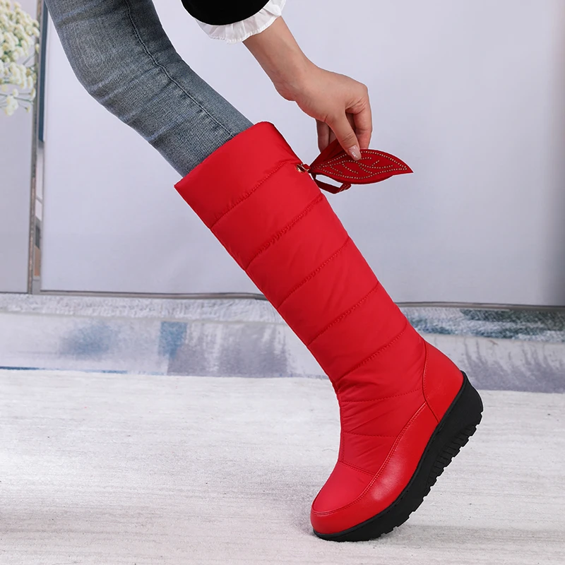 Waterproof Snow Boots Women Mid Calf Frost Winter Warm Shoes for Wide Calf Black Red Platform Back Lace Up Footwear