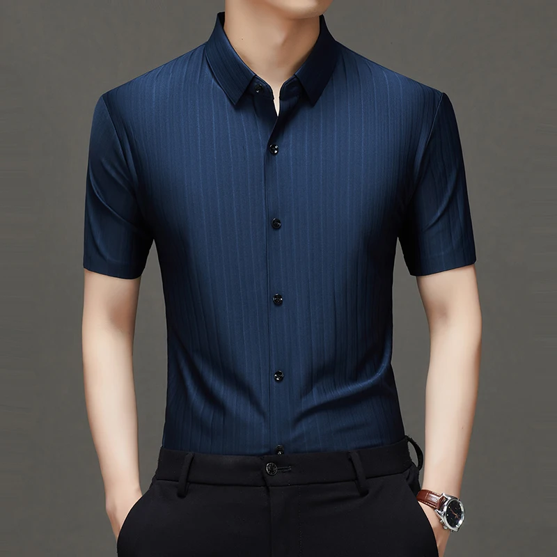 Seamless Vertical Striped Short Sleeve Shirts For Men Stretchy Summer Quality Coolness Breathable Wrinkle-Free Camisas De Hombre